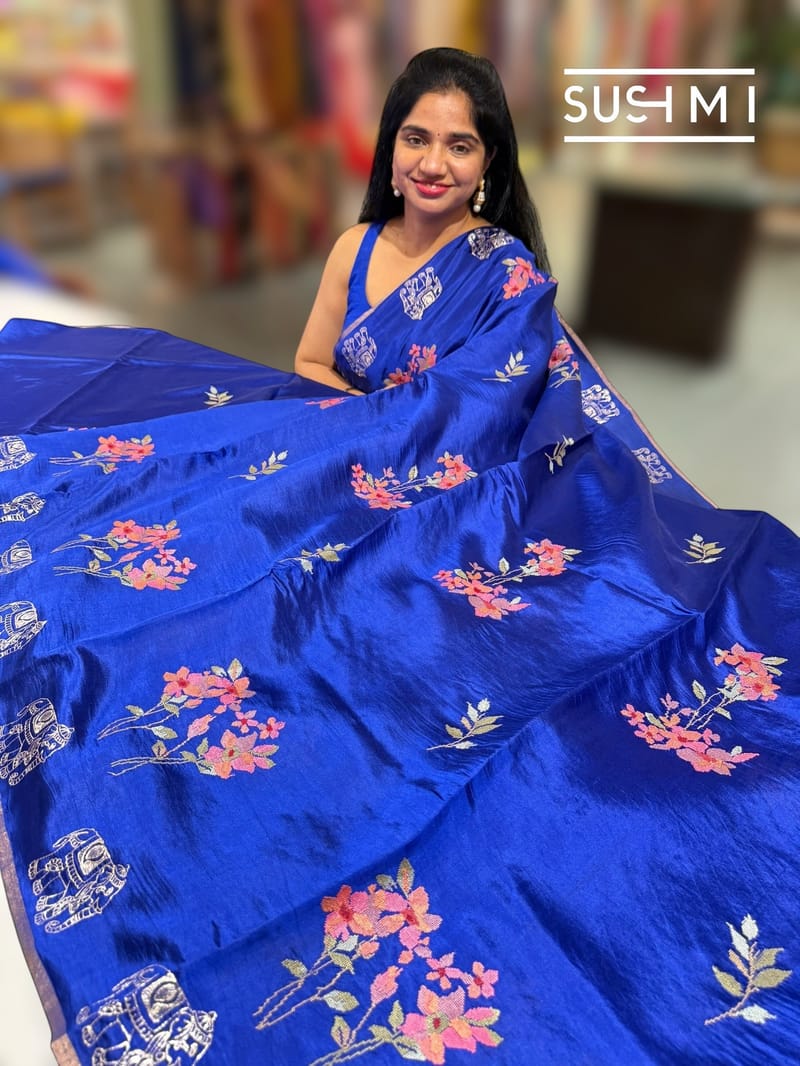 Royal Blue Pure Silk saree with petite point embroidery: S62F165
