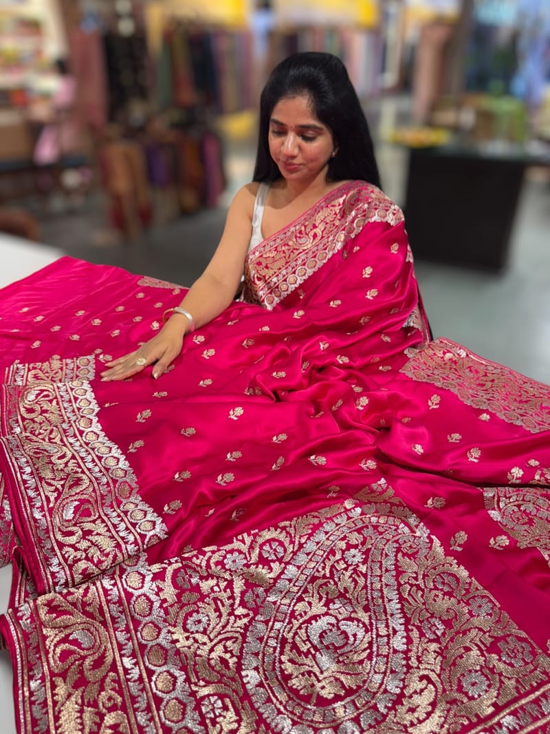 Dark Pink Pure Mashru Satin Saree with embroidery SS5019