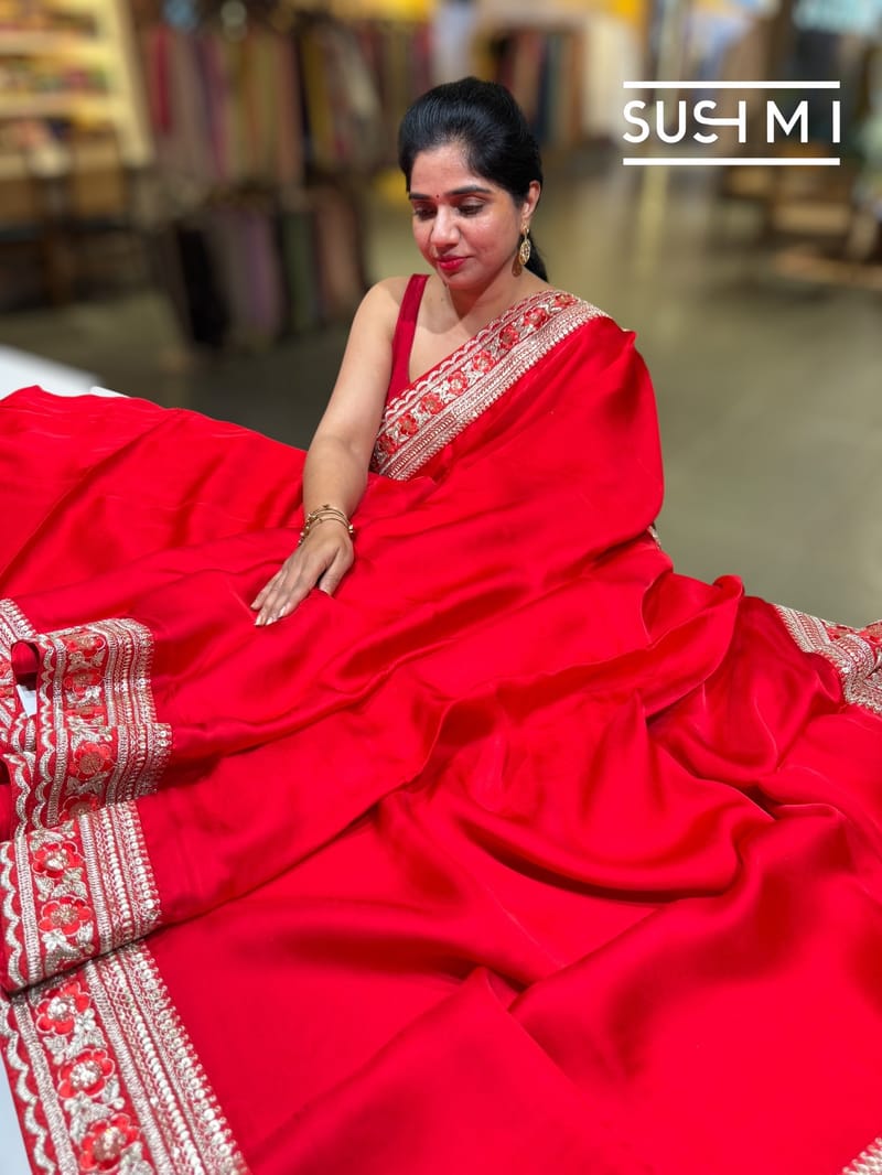 Bright Chilli Red Satin Saree with sabyasachi borders : D62F052