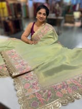 Light Apple Green Tissue Gorgette Saree With Petite Point Embroidered Border SS50436
