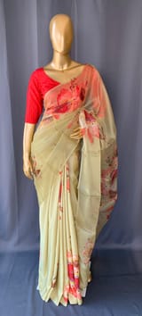 Pastel yellow Designer Organza statement floral printed saree
