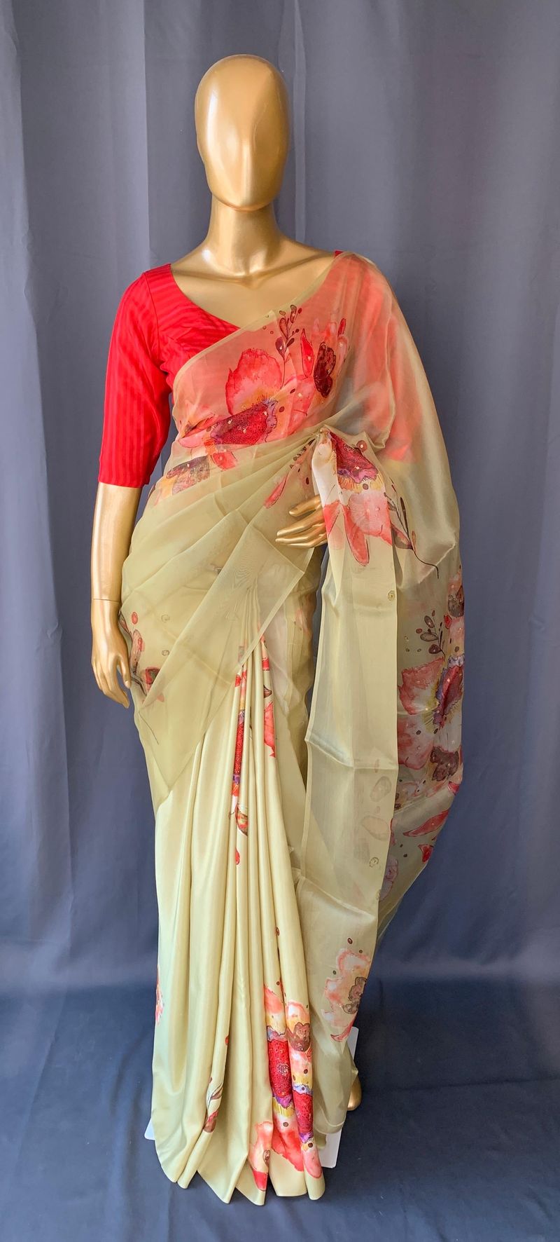 Pastel yellow Designer Organza statement floral printed saree