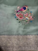 Mint Pure Organza Saree with banarasi pitawork border and bird applique motifs allover the saree SS50301