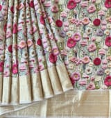 Ivory Pure Handloom Chiniya Silk Saree with stunning Floral Print and zari borders SS5097