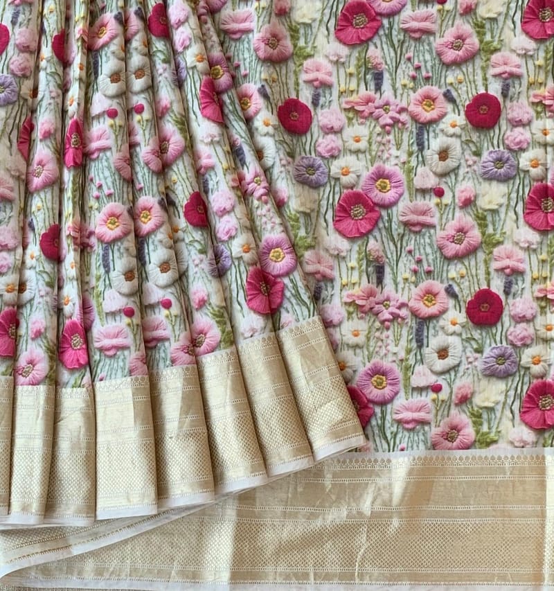 Ivory Pure Handloom Chiniya Silk Saree with stunning Floral Print and zari borders SS5097