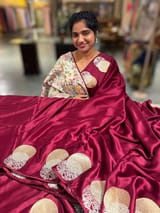 Maroon Pure Satin Saree with embroidered border and blouse