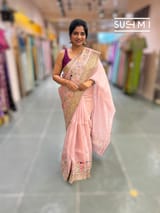 Dusty Pink Organza Banarasi Fusion Saree with Bird Appliqué