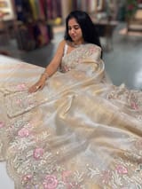 Silver and gold tissue stripes saree with stunning embroidery