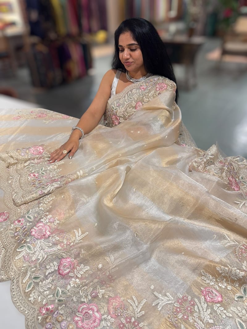 Silver and gold tissue stripes saree with stunning embroidery