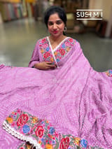 Lilac Pink Pure Gajji Silk Rai bandhej Saree with petite point embroidery