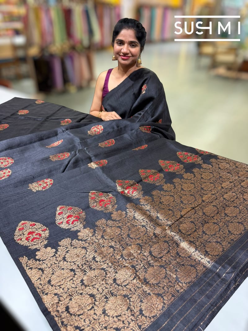 Black Banarasi Handloom Dupion Rawsilk Saree : S62F104