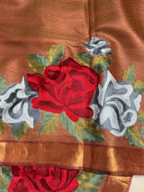 Rust Tussar Brocade Saree With Statement Red Rose Embroidery. SS50470