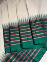 Half white Ponduru Khadi Saree in 80’s Count with Kanchi Style Emerald Green borders