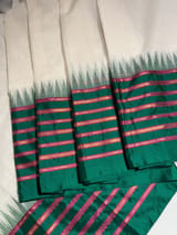 Half white Ponduru Khadi Saree in 80’s Count with Kanchi Style Emerald Green borders