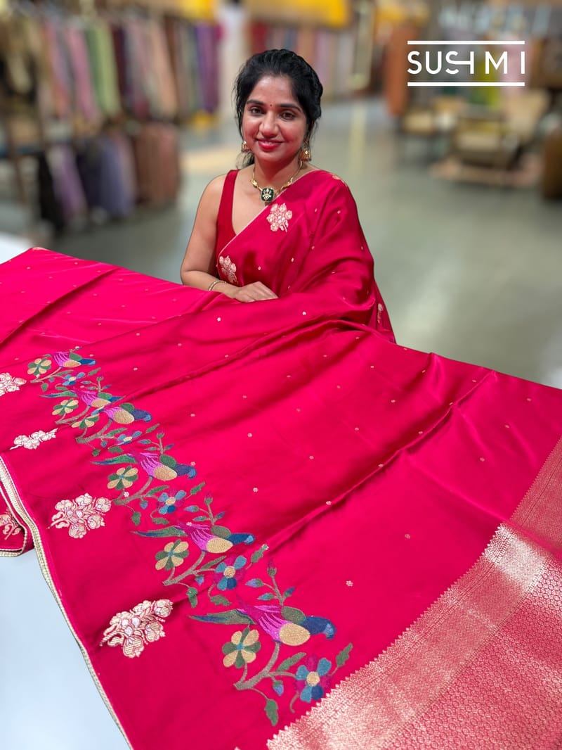 Dark Pink mashru Saree with embroidery : S62F143