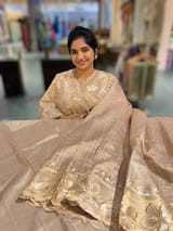 Beige Mul Tissue Stripes Saree With Tissue Cutwork  Border & Blouse