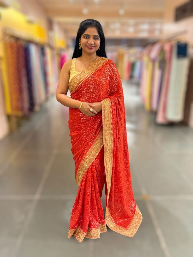 Red Georgette Sequence saree with sabhyasachi borders and printed blouse SS50516