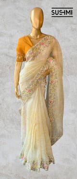 Pastel Yellow shibori printed pure organza saree DSCL043
