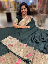 Forest Green Chikankari Georgette Saree with Tissue embroidered Border SS5052