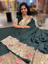 Forest Green Chikankari Georgette Saree with Tissue embroidered Border SS5052