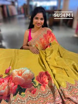 Mustard Yellow Designer Crepe Silk Saree : D62F032