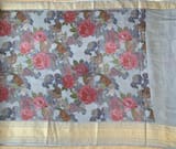 Dusty Blue Pure Handloom Chiniya Silk Saree with stunning Floral Print and zari borders SS50103