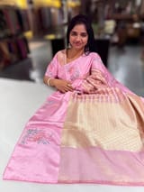Lotus Pink Banarasi Tissue saree with swan embroidery