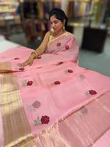Peach Pink Silk Kota Saree with embroidery