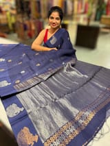 Midnight Blue  kora muslin sarees with kaduwa woven nandi motif border