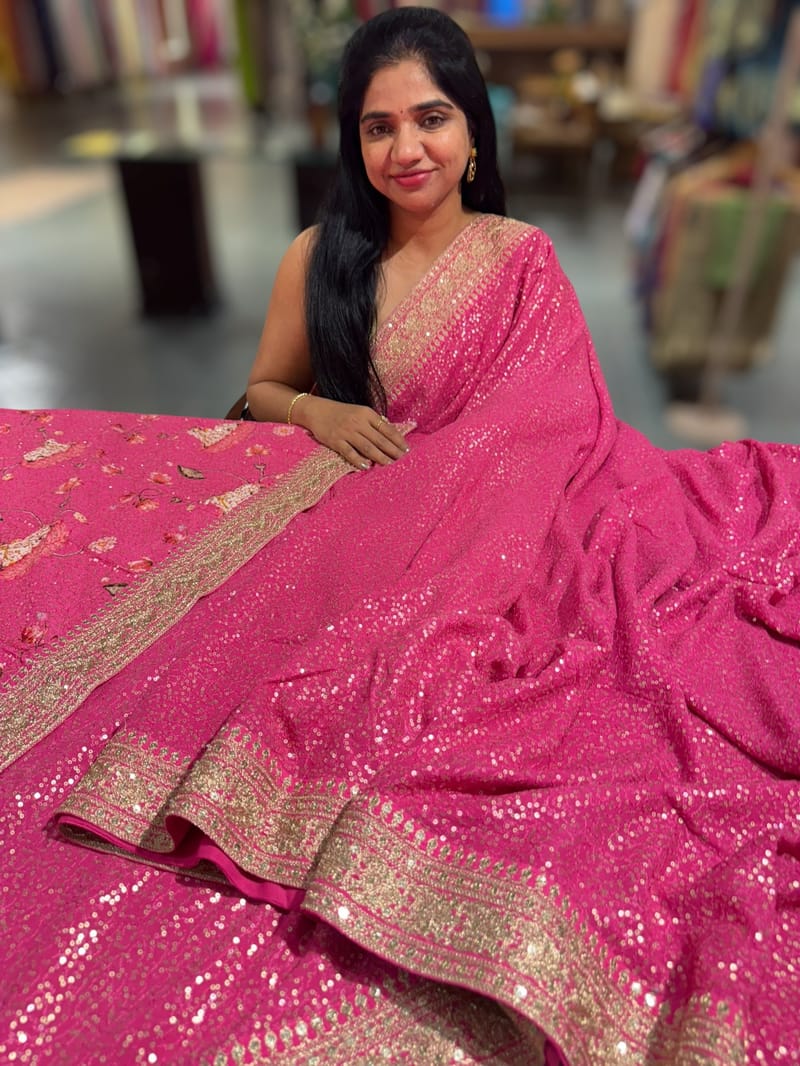 Rose Pink Georgette Sequence saree with sabhyasachi borders and printed blouse SS50514