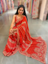 Orangish Red Kareena Inspired Gorgette Saree with allover mirrors SS5039