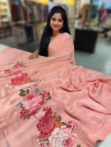 Peach Pink Designer Chinnon & Satin Fusion Saree