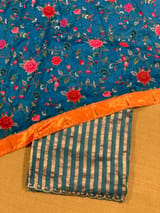 Cobalt Blue Mul tissue stripes saree with fusion blouse : D62137