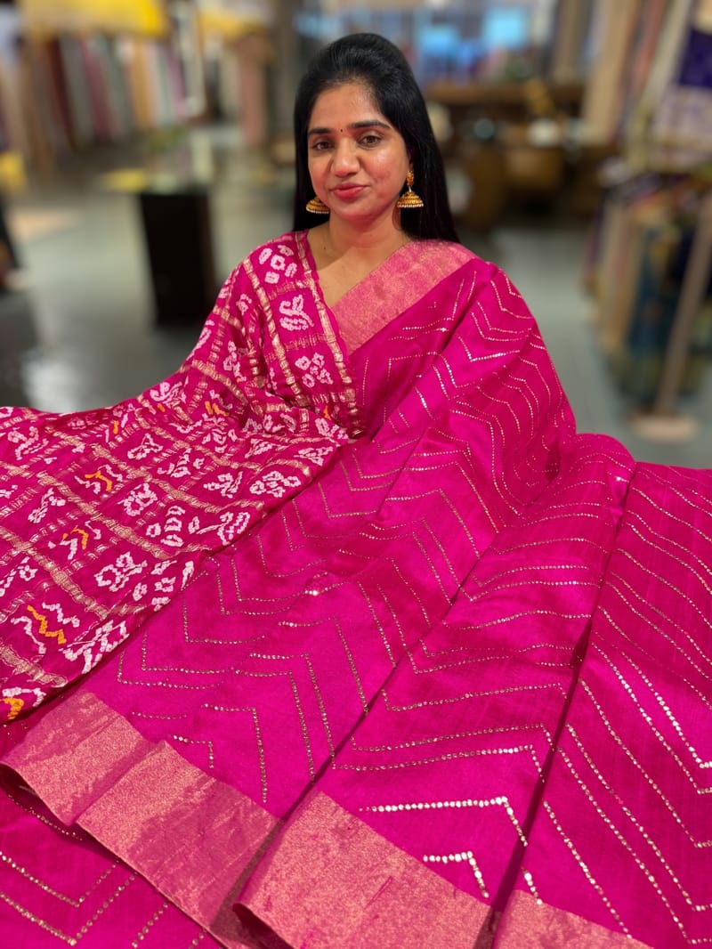 Rani Pink Dhupion Raw Silk Saree with Gharchola bandhini blouse SS50489