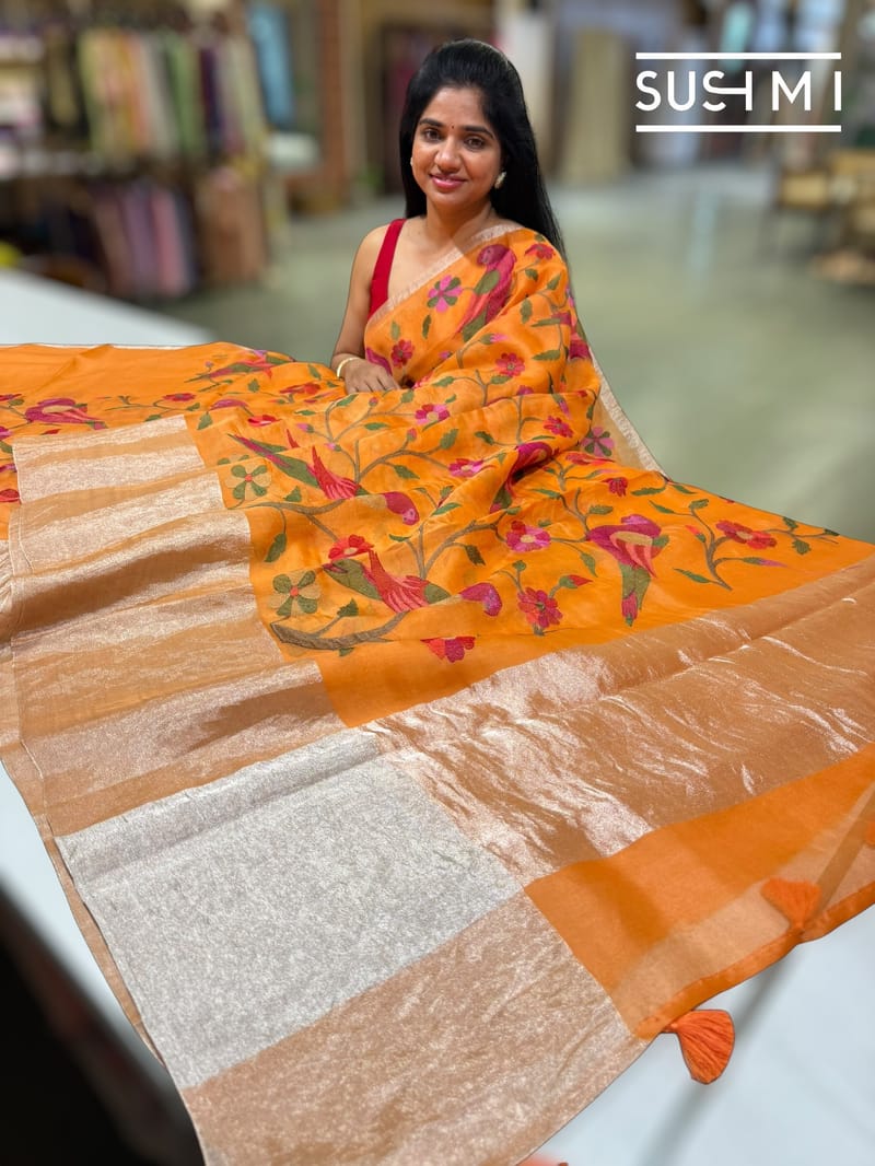 Orange  Pure Organza Saree with pythani embroidery : S62F160