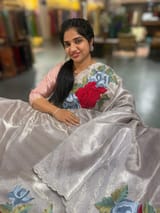 Silver Kanchi Brocade Tissue Saree with Statement Floral Embroidered Roses SS50142