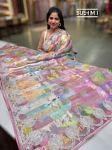 Dusty Pink Printed Organza Tissue stripes saree with embroidery