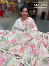 Ivory printed georgette saree with handwork : S62F198