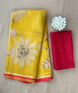 Mango Yellow Designer Organza with Tissue applique work