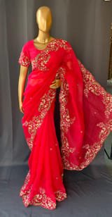 Bright Pink Pure Organza Handwork saree