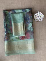 Mint Pure Handloom Chiniya Silk Saree with stunning Floral Print and zari borders SS50102