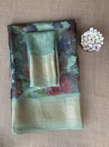 Mint Pure Handloom Chiniya Silk Saree with stunning Floral Print and zari borders SS50102
