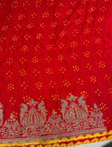 Orangish Red Designer Rai Bandhej Saree With Embroidered Border SS50484