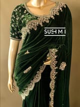 Bottle Green Micro Velvet Saree with heavy handwork
