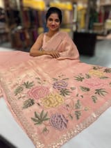 Peach Pink Tissue Georgette Saree with petite point emb SS50110