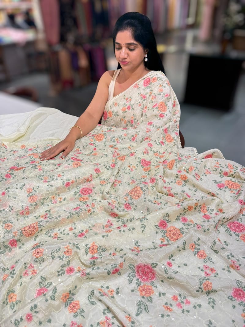 Ivory Chinnon saree with allover petite point embroidery SS50518