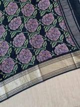 Black Pure Handloom Chiniya Silk Saree with stunning Floral Print and zari borders SS50100