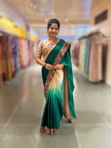 Chickoo and emerald Green Pure Satin Ombre Dyed Saree with Petite Point Embroidered Border and blouse.