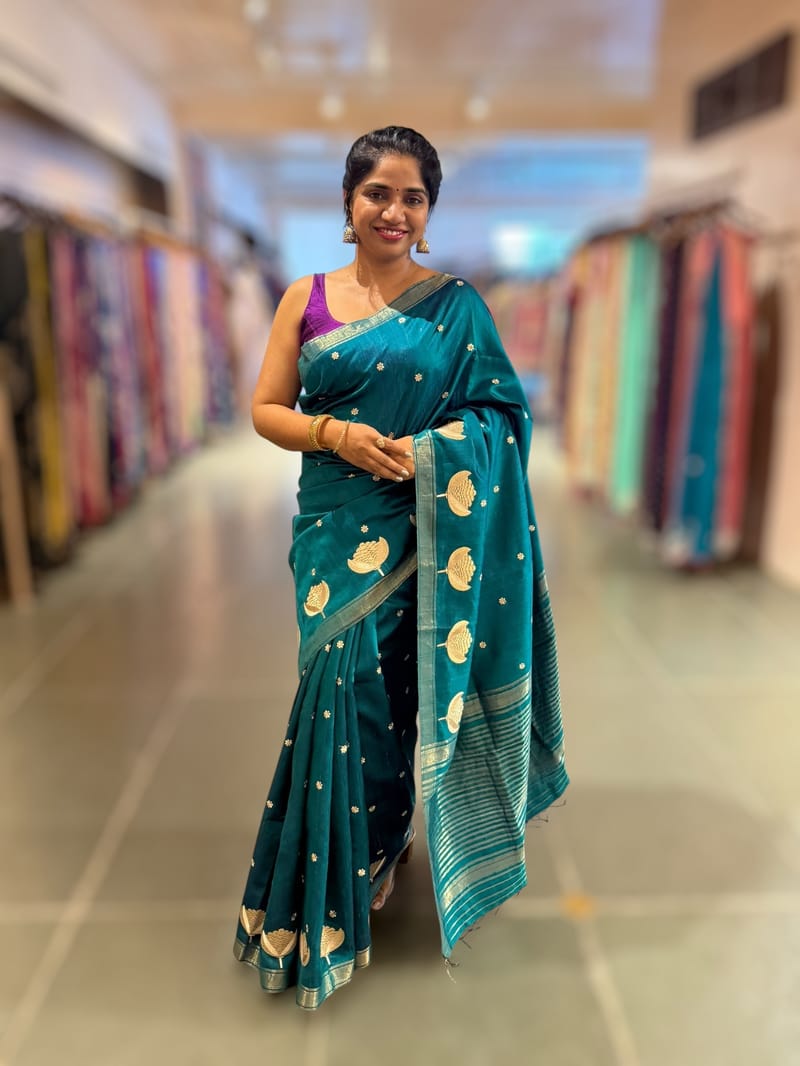 Peacock Blue Pure Handloom Raw Silk Saree SS50496