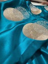 Teal Blue Pure Satin Saree with embroidered border and blouse